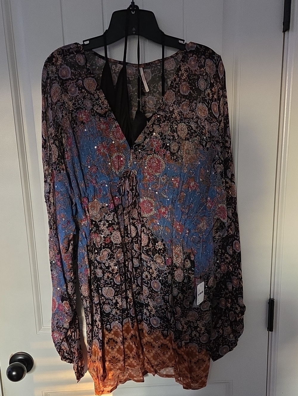 Free People Floral Patchwork Long-Sleeve Tunic Top - Blue, Black, Rust